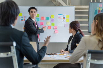 A group of young Asian businessmen Talking and planning work happily and have fun. at the company's office