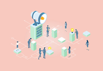 Business people are working next to big megaphone, control, connection, support idea. Isometric concept business environment 