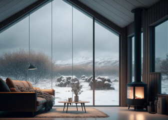 Inside a Glass House with Furniture Winter View, Minimal Tinny House, 3D Illustration, Generative, AI 
