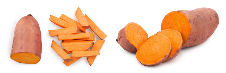 Sweet potato isolated on white background closeup. Top view. Flat lay.