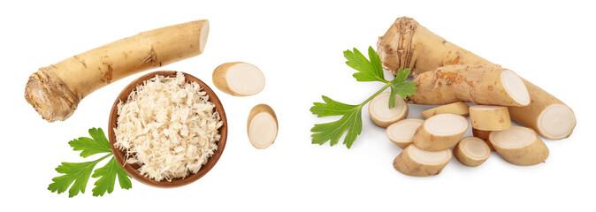 Horseradish root grated in wooden bowl with slices isolated on white background. Top view. Flat lay