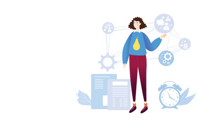 Young woman with business icons, business concept illustration 