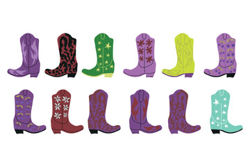 Cowboy boots with ornament. Wild West theme. Hand drawn colored trendy Vector isolated illustration.