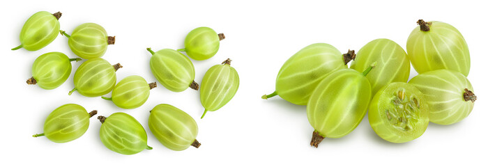 Green gooseberry isolated on white background with full depth of field. Top view. Flat lay