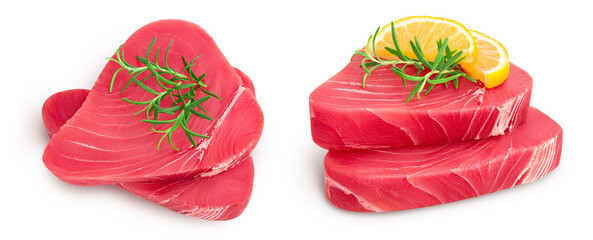 Fresh tuna fish fillet steak with rosemary, lemon and peppercorns isolated on white background . Top view. Flat lay