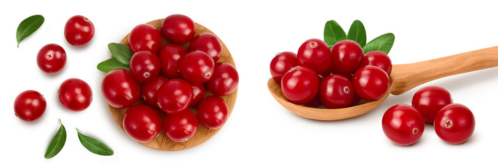 Cranberry in wooden bowl isolated on white background with full depth of field. Top view. Flat lay