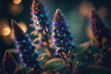 Obraz premium Purple flowers closeup with Light leaks and blurred background with copy space, Anise Hyssop flowers