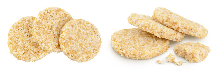 coconut cookies with white flax seeds and honey isolated on white background. Healthy food. Top view. Flat lay