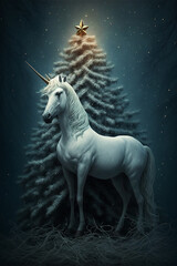 Obraz na płótnie Canvas Unicorn and Christmas tree. Generative Ai