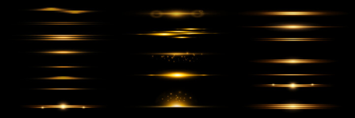Golden light effects on a black background. Bright flashes and highlights of golden color. Bright beams of light. Light vibration from sound. Glowing lines. Vector illustration. EPS 10 © Hanna
