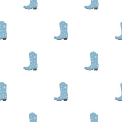 Cowboy boots with ornament seamless pattern. Wild west theme. Hand drawn colored trendy vector illustration on white background