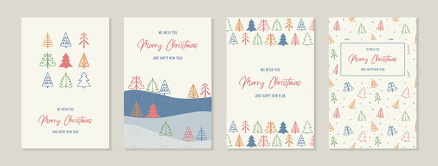 Hand drawn Christmas trees. Collection of greeting cards. Vector illustration