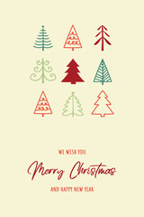 Hand drawn Christmas trees. Greeting card with ornaments. Vector illustration
