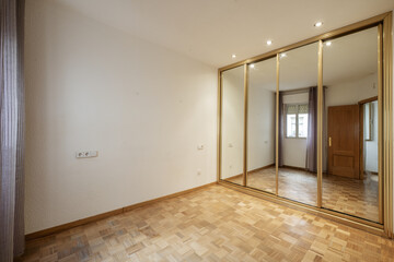Fototapeta na wymiar Empty room with a built-in wardrobe with sliding mirror doors and golden metal edges