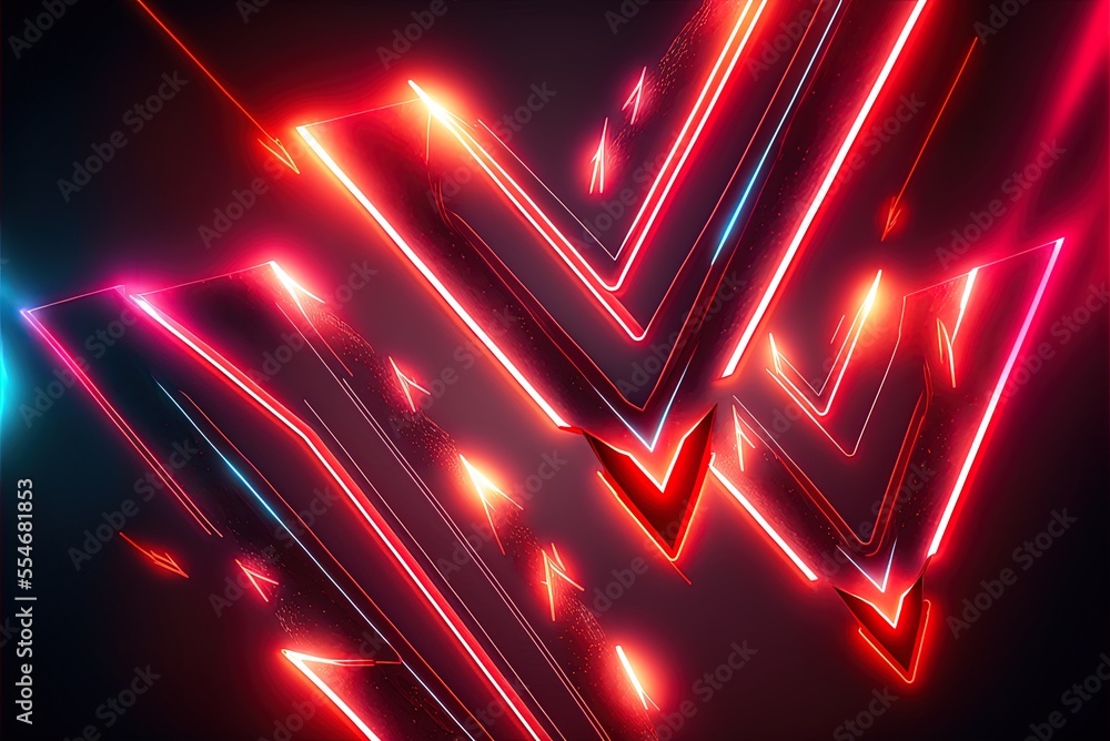 Poster background with red neon arrows with bright lights. generative ai