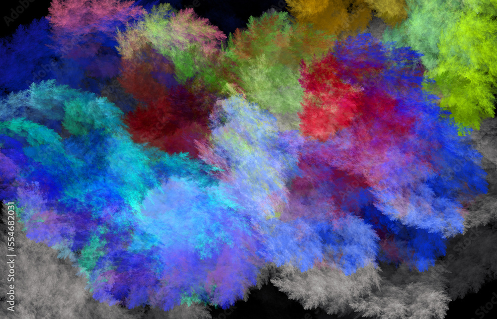 Poster multicolored soft abstract clouds on a black background. abstract fractal colorful background. 3d re