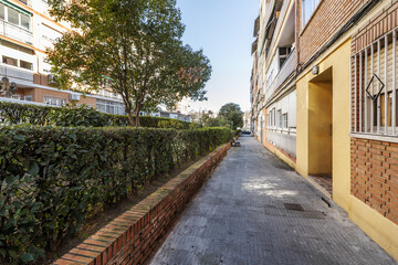 Fototapeta na wymiar Exterior entrance corridor to urban residential dwellings in buildings with common areas with hedges and trees in between