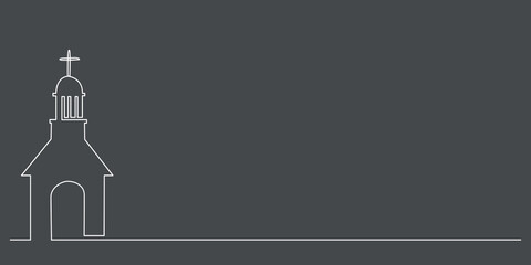 Decoration continuous line hand drawing church for wedding photo book, invitations. Vector stock illustration minimalism design isolated on black background. Editable stroke single line. 