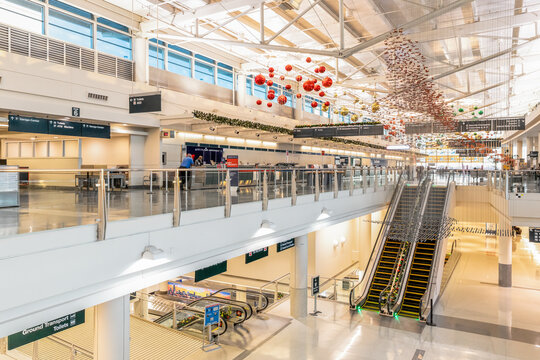 Chicago, IL, USA - December 9, 2020: The interior of Midway International Airport during the winter holidays.