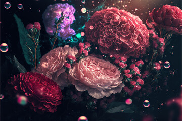 Fototapeta premium Carnations and roses with floating light sparkles. Bokeh Nature background. Pink and red flowers
