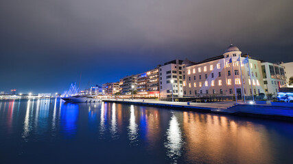 Sailboat Holiday Lights, Christmas Lights, decorated for Christmas and New Year holidays ,port of the beautiful city of Volos, Greece