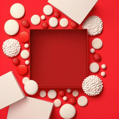 Empty Red Box and White Box Decorations featuring Candies, White Chocolates on Red Background from Top View by Generative AI Illustrations