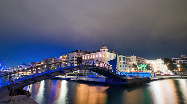 Sailboat Holiday Lights, Christmas Lights, decorated for Christmas and New Year holidays ,port of the beautiful city of Volos, Greece