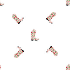 Cowboy boots with ornament seamless pattern. Wild west theme. Hand drawn colored trendy vector illustration on white background