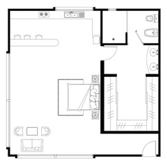 2D CAD studio type house layout plan drawing with 1 bedrooms and 1 bathrooms, furniture and kitchen. Small-scale houses for single people or small families. Drawing in black and white.
