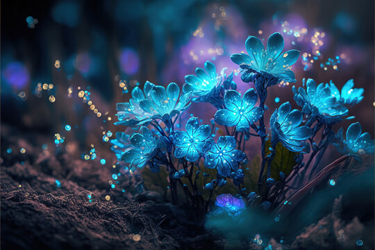 Blue scylla flowers in early spring morning, floating light Sparkles. Bokeh Nature background. Blue flowers Copy space