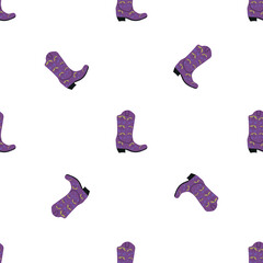 Cowboy boots with ornament seamless pattern. Wild west theme. Hand drawn colored trendy vector illustration on white background