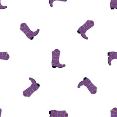 Cowboy boots with ornament seamless pattern. Wild west theme. Hand drawn colored trendy vector illustration on white background