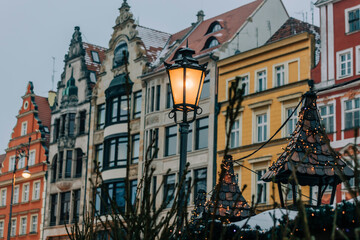 Old city lamp of old town in snow and Christmas time in Wroclaw, Poland