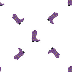 Cowboy boots with ornament seamless pattern. Wild west theme. Hand drawn colored trendy vector illustration on white background