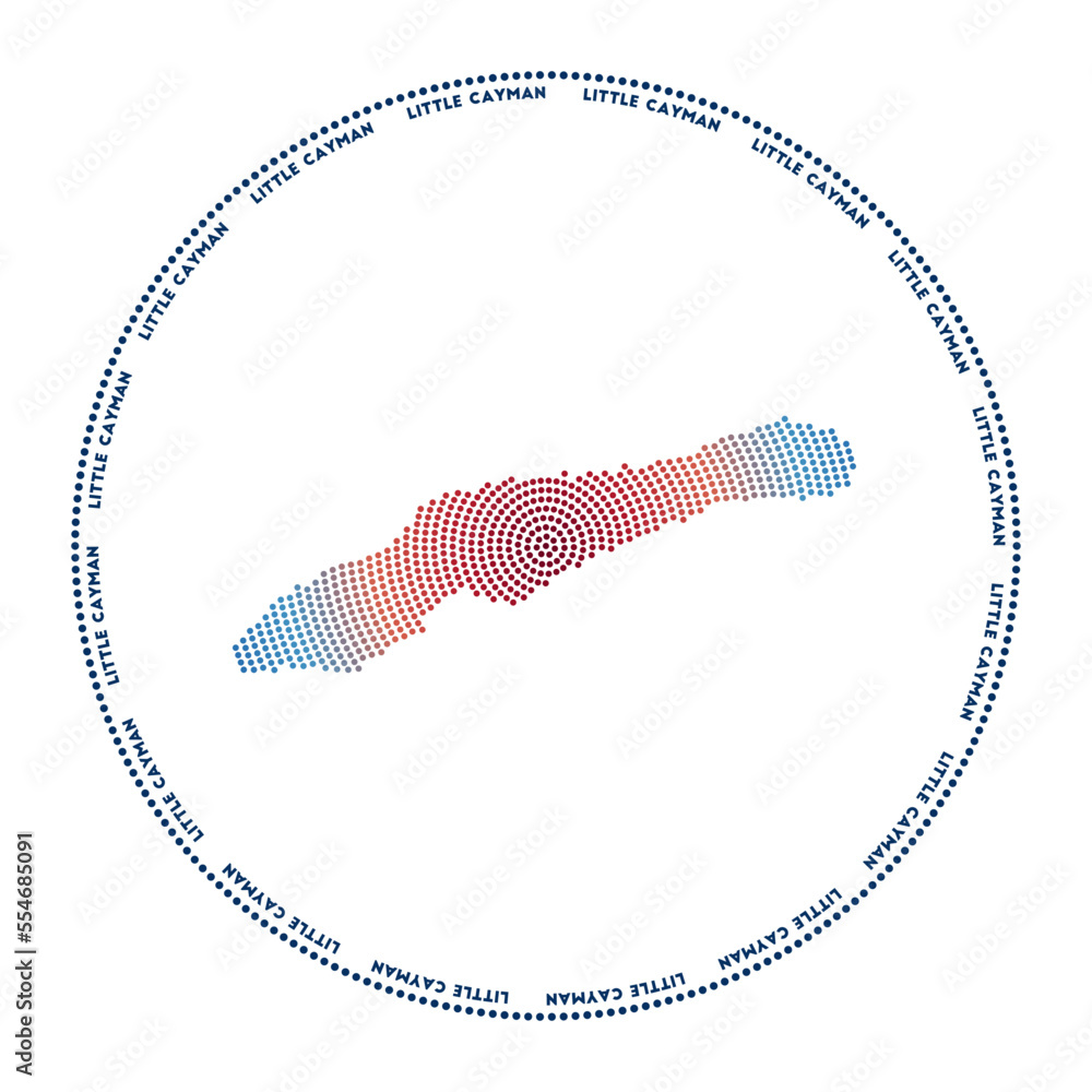 Poster little cayman round logo. digital style shape of little cayman in dotted circle with island name. te