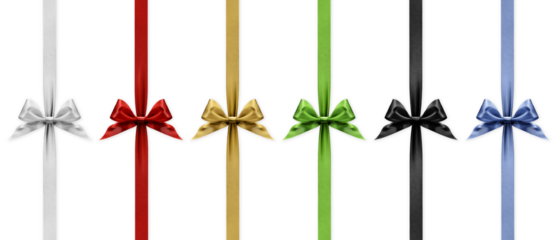set of bright colored ribbons bows isolated on transparent background, top view, copy space for gift greeting card, Merry Christmas and mother or father day banner or shopping advertising