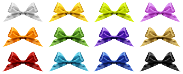 set of bright colored ribbons bows isolated on transparent background, top view, copy space for gift greeting card, Merry Christmas and mother or father day banner or shopping advertising