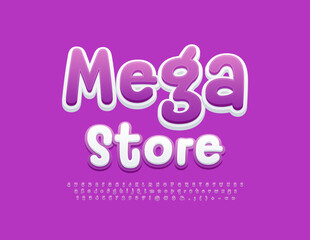 Vector advertising banner Mega Store. Playful Violet Font. Creative handwritten Alphabet Letters and Numbers set