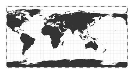 Vector world map. Equirectangular (plate carree) projection. Plain world geographical map with latitude and longitude lines. Centered to 60deg W longitude. Vector illustration.