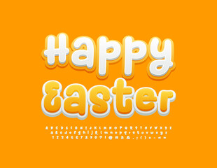 Vector cute Greeting Card Happy Easter. White and Yellow handwritten Font. Funny Alphabet Letters and Numbers for Kids