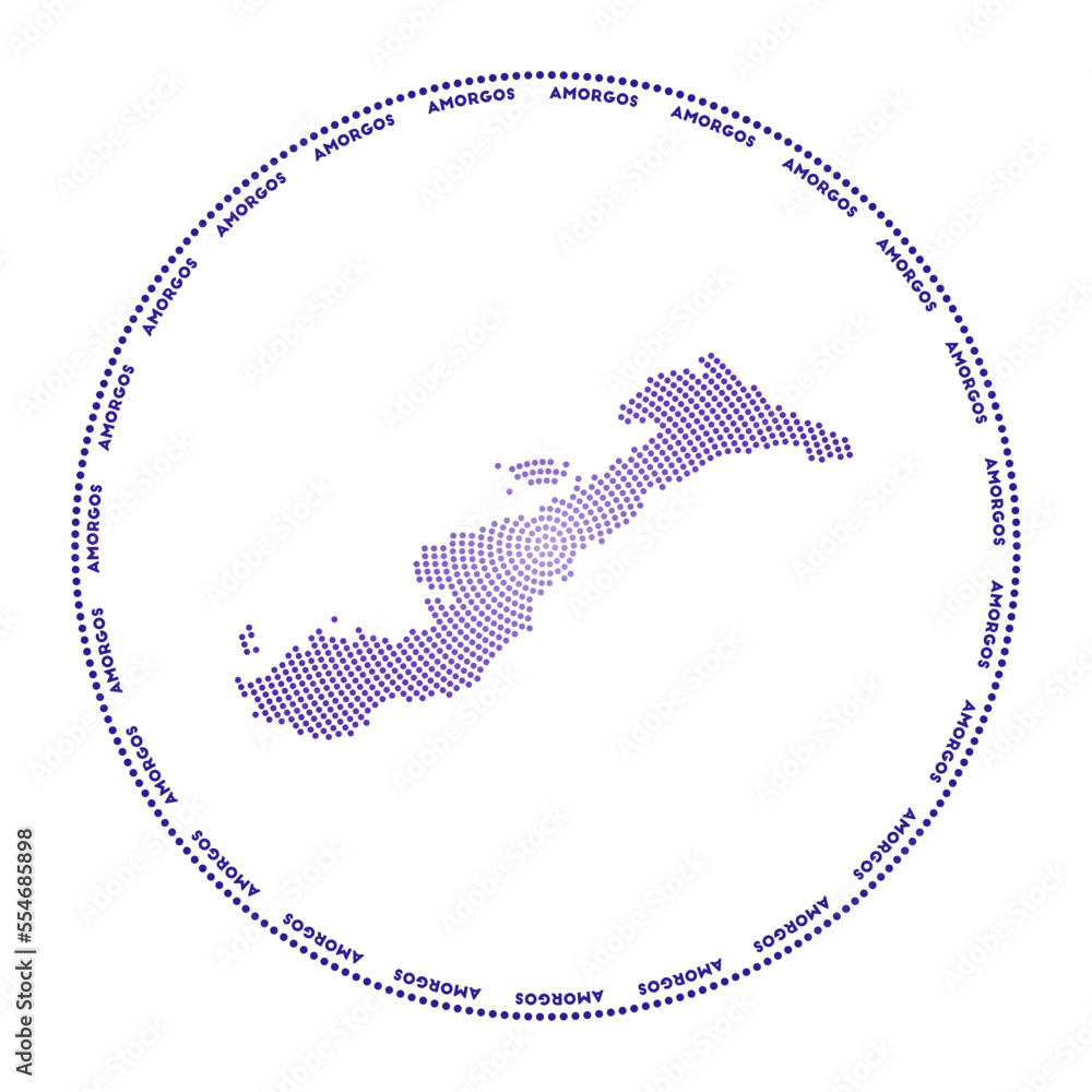 Poster amorgos round logo. digital style shape of amorgos in a dotted circle with the island name. tech ico