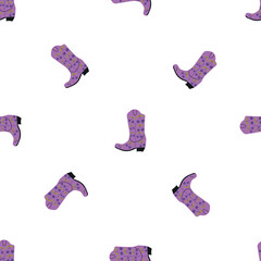 Cowboy boots with ornament seamless pattern. Wild west theme. Hand drawn colored trendy vector illustration on white background