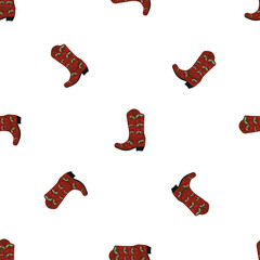 Cowboy boots with ornament seamless pattern. Wild west theme. Hand drawn colored trendy vector illustration on white background