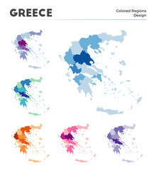 Greece map collection. Borders of Greece for your infographic. Colored country regions. Vector illustration.