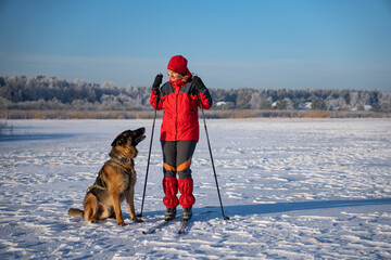 Discussing with dog where do you want to go today in sunny winter day
