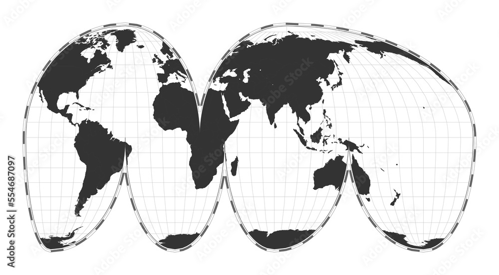 Poster vector world map. goode's interrupted mollweide projection. plain world geographical map with latitu