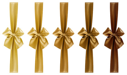 set of bright golden and brown colored ribbons with bows isolated on transparent background, top...