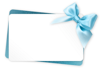 gift greeting card with blue bright ribbon bow Isolated on transparent background, top view, copy space for label price ticket, Christmas, mother or father and valentine day, or shopping template