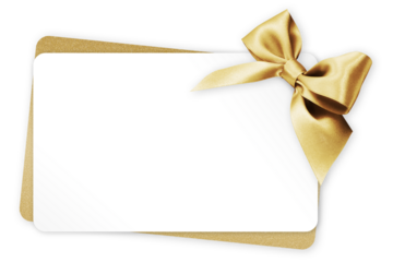 gift greeting card with golden bright ribbon bow Isolated on transparent background, top view, copy space for label price ticket, Christmas, mother or father and valentine day, or shopping template