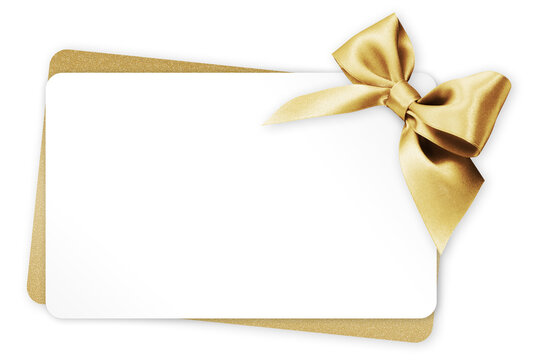 gift greeting card with golden bright ribbon bow Isolated on transparent background, top view, copy space for label price ticket, Christmas, mother or father and valentine day, or shopping template
